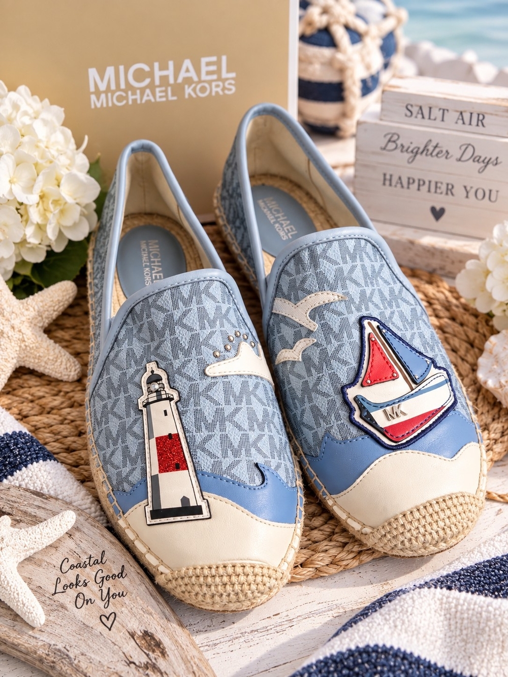 Michael Kors MK Nautical Espadrille Flats Blue Sailboat Lighthouse Size 8.5 New